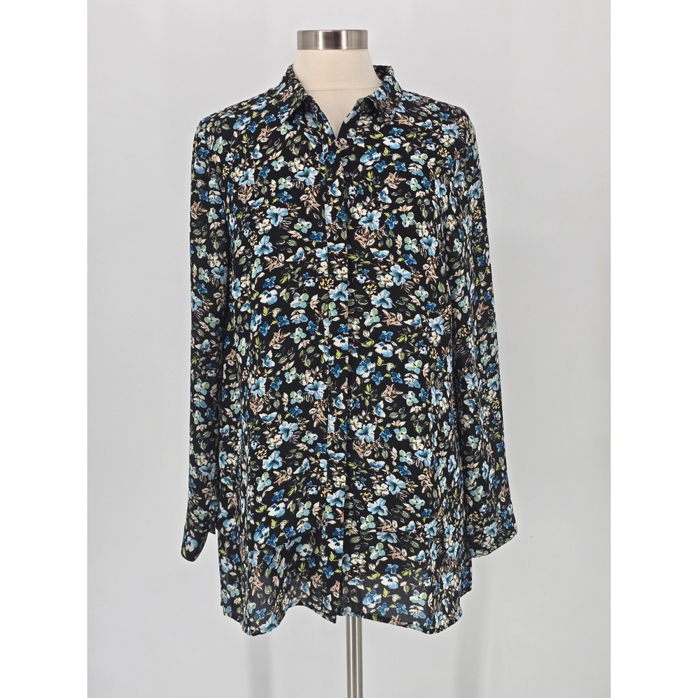J Jill Blouse Womens M Black Floral Tiered Top Long Sleeve Collared Button Down